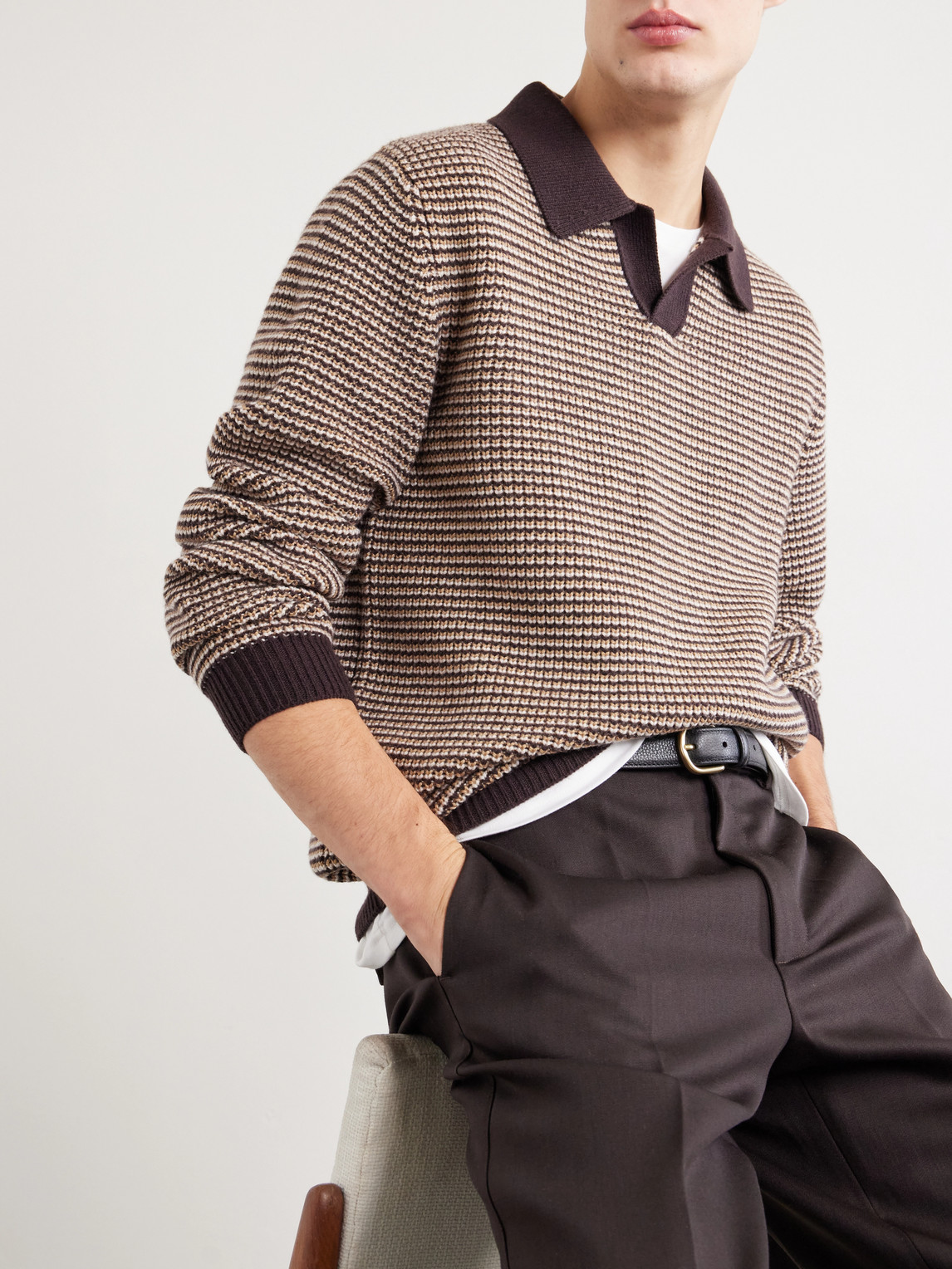 Striped Camp-Collar Wool And Cashmere Blend Sweater