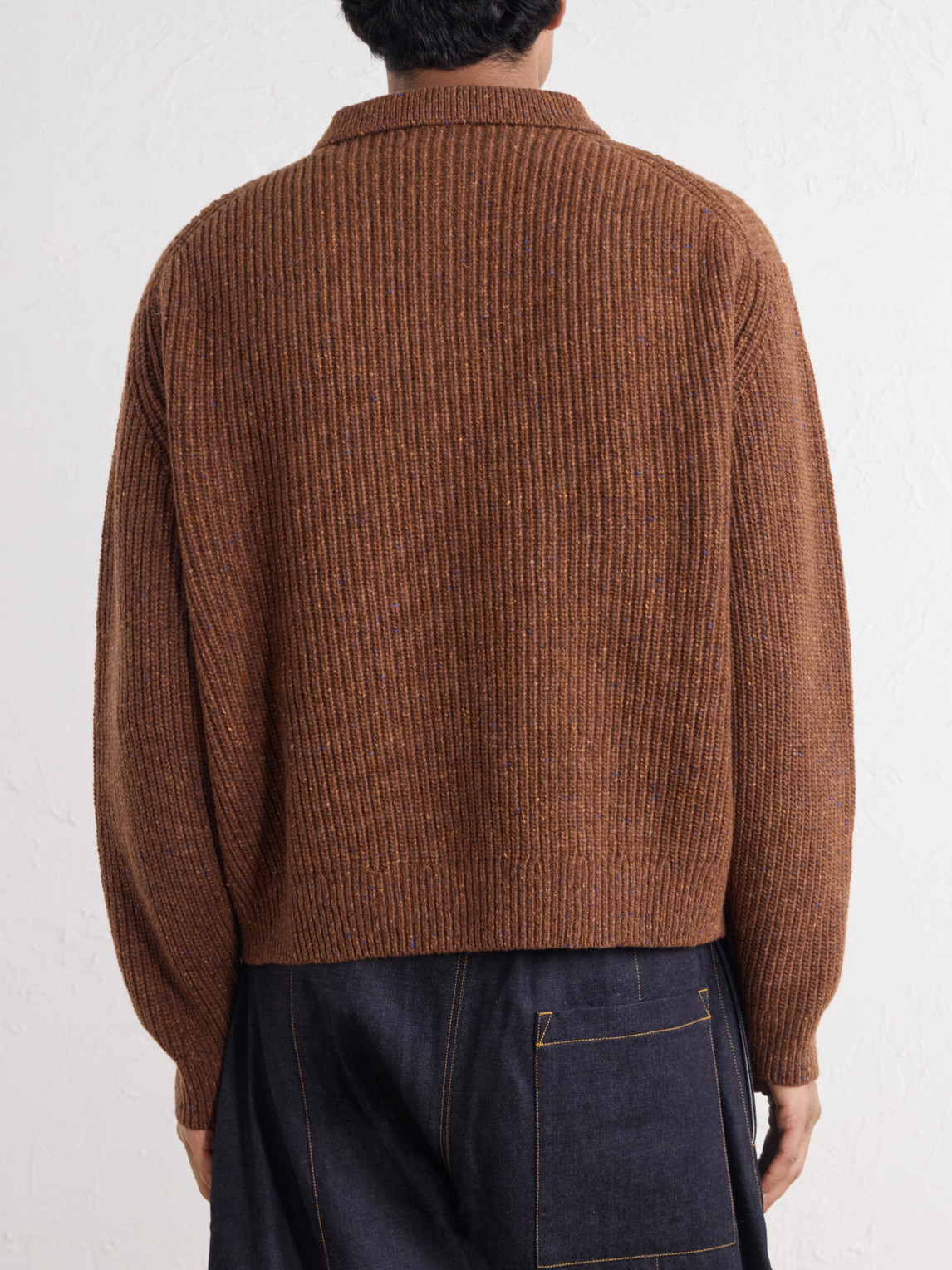 Ribbed-Knit Wool Polo Sweater