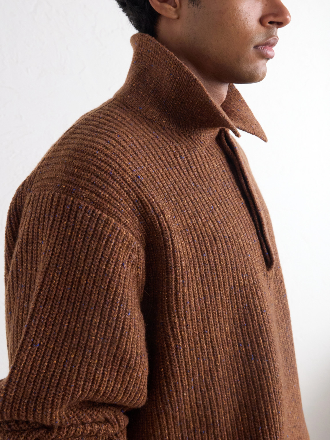 Ribbed-Knit Wool Polo Sweater