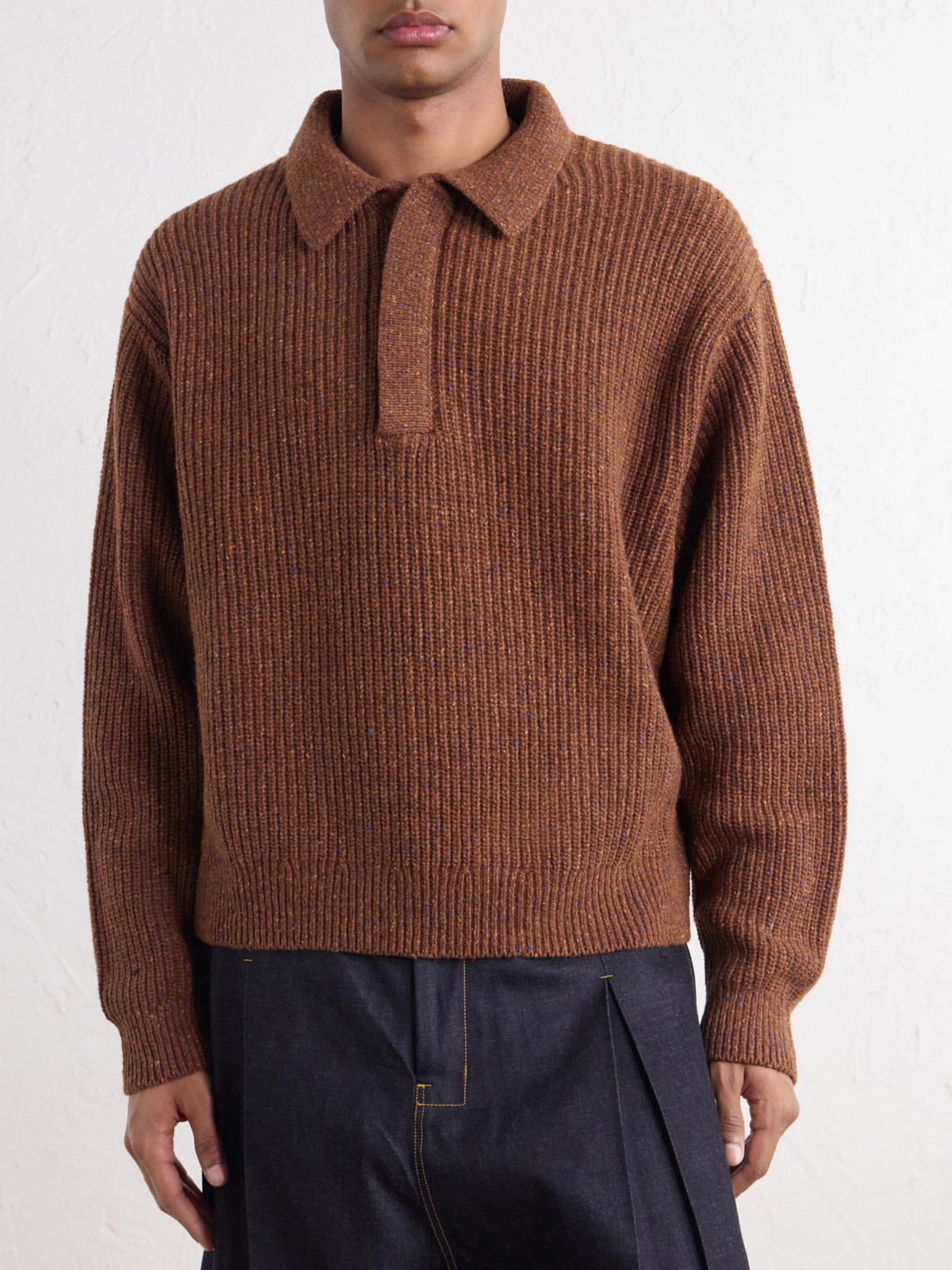 Ribbed-Knit Wool Polo Sweater