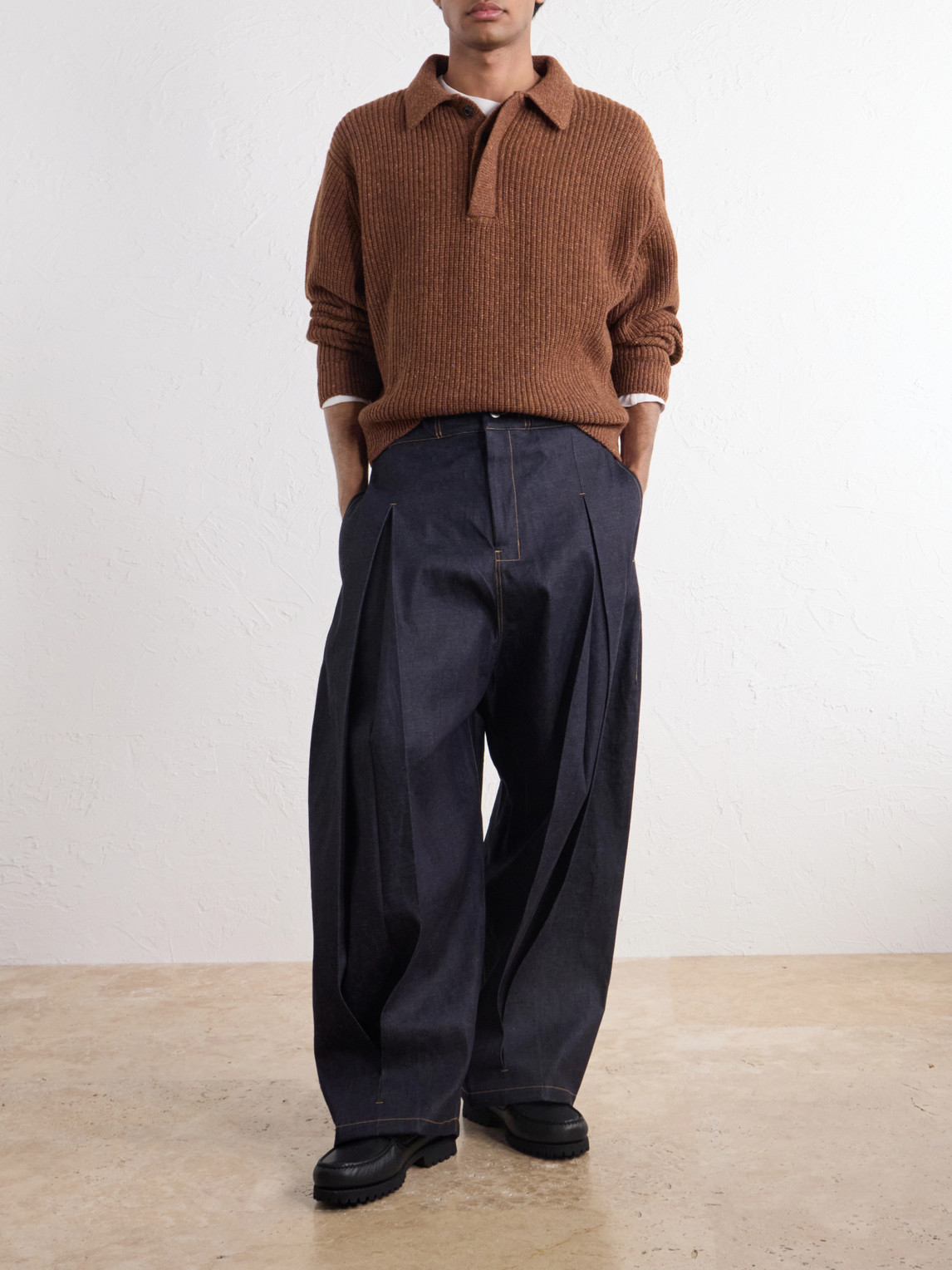 Ribbed-Knit Wool Polo Sweater