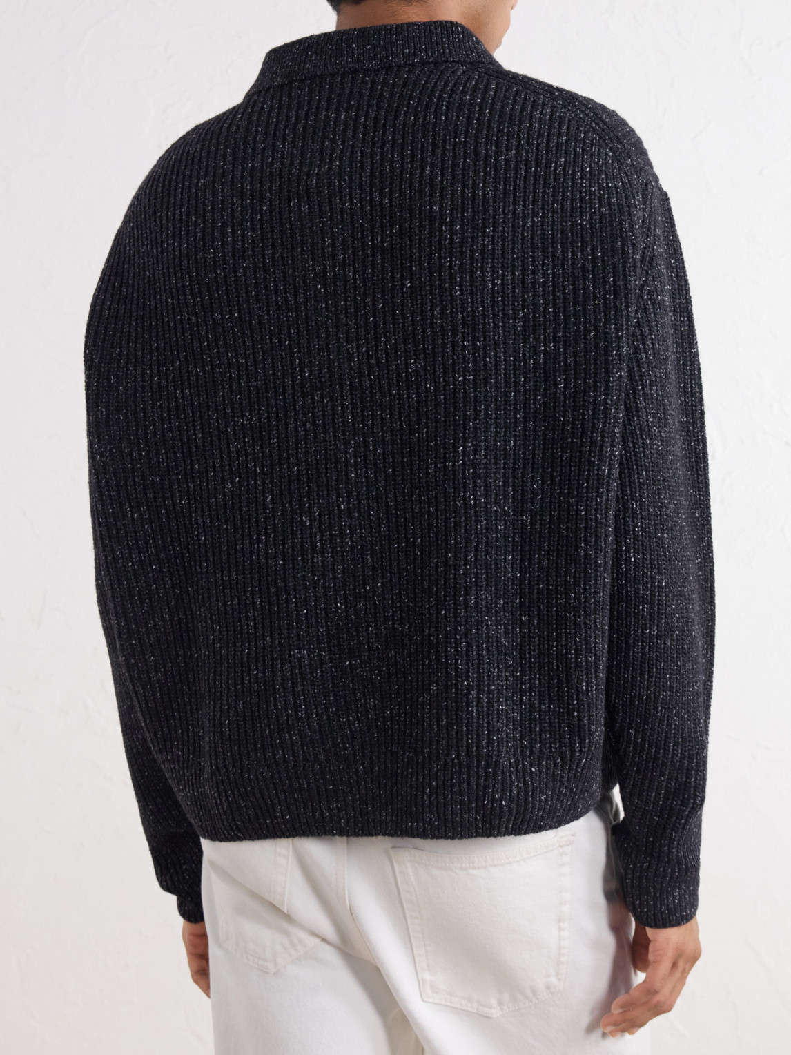 Ribbed-Knit Wool Polo Sweater