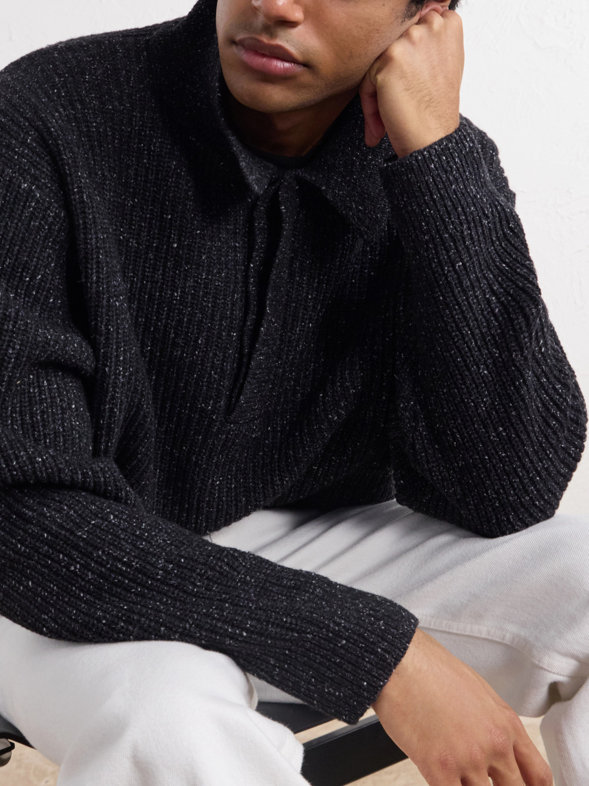 Ribbed-Knit Wool Polo Sweater