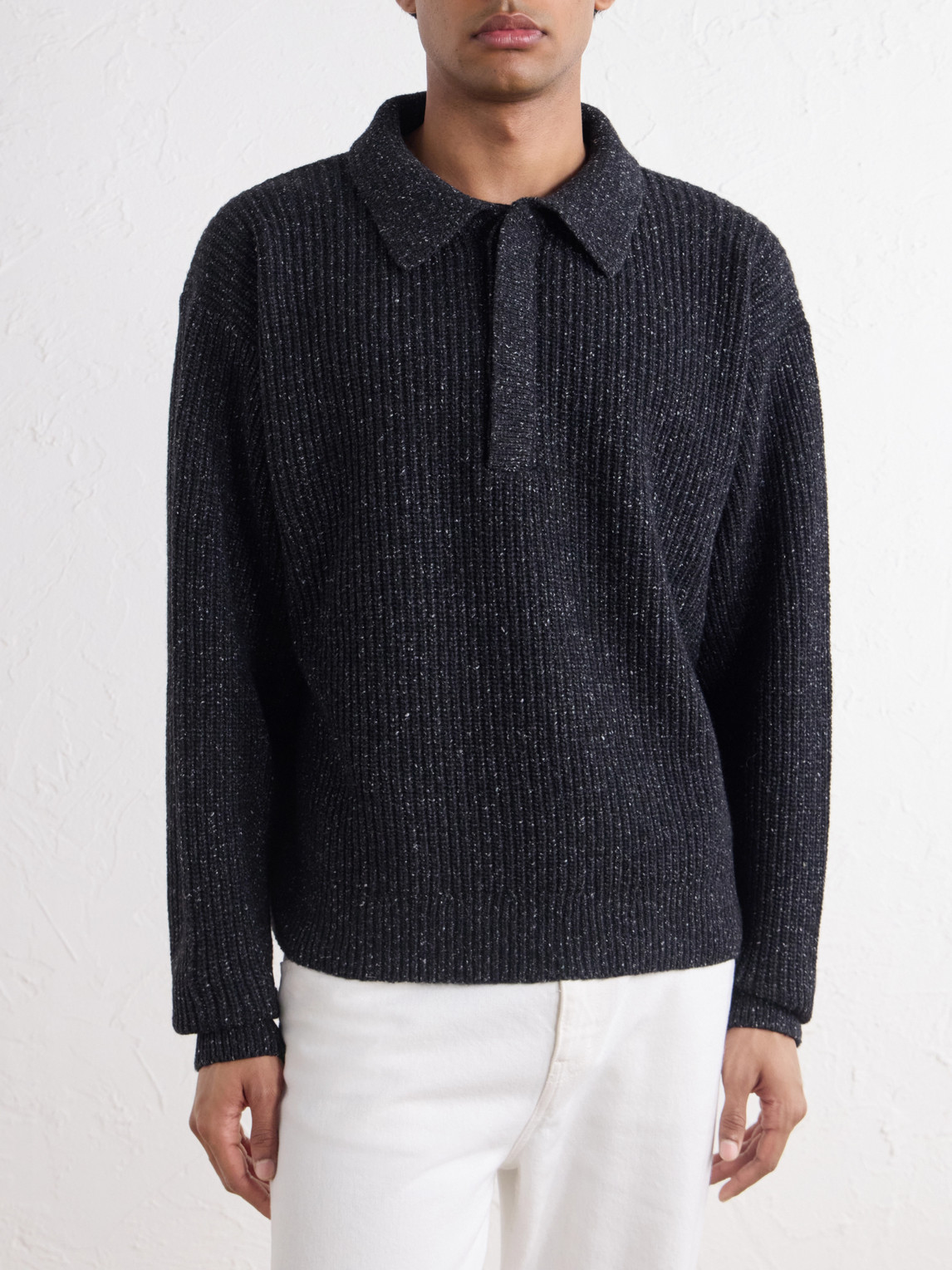 Ribbed-Knit Wool Polo Sweater
