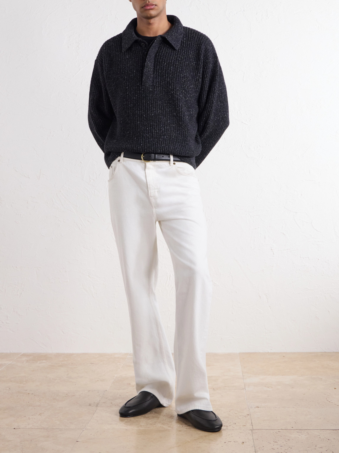 Ribbed-Knit Wool Polo Sweater