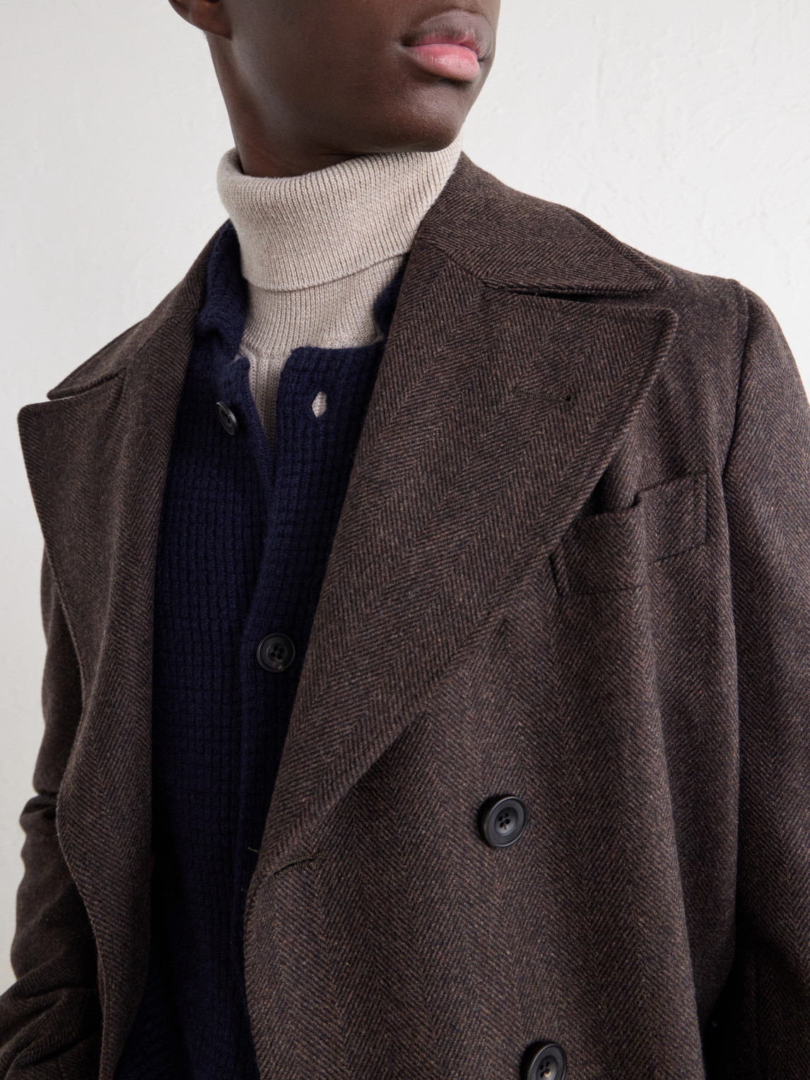 Double-Breasted Herringbone Virgin Wool Twill Coat