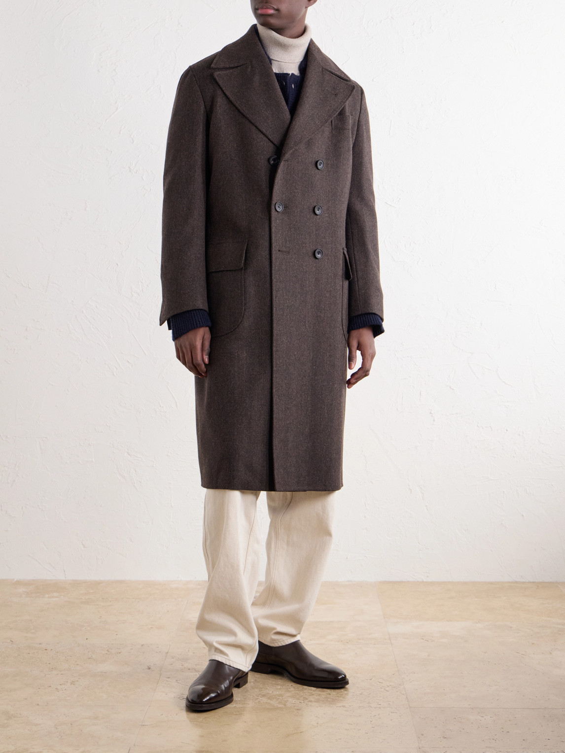 Double-Breasted Herringbone Virgin Wool Twill Coat
