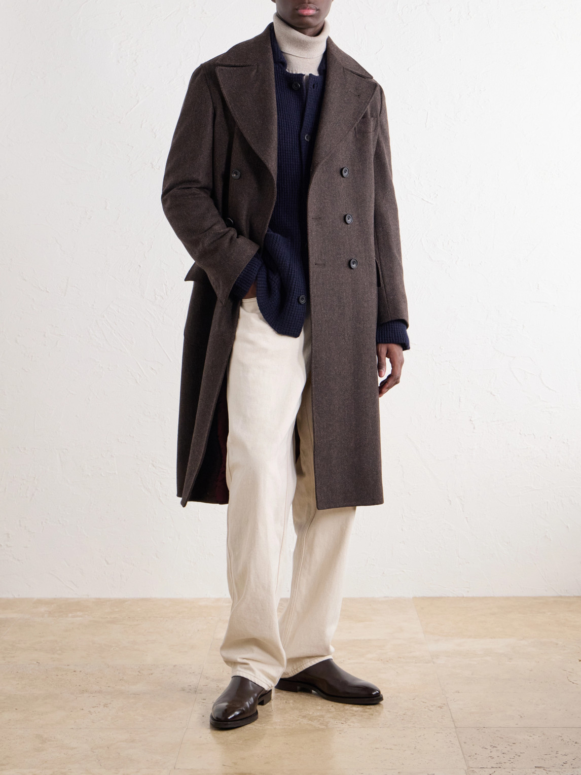 Double-Breasted Herringbone Virgin Wool Twill Coat