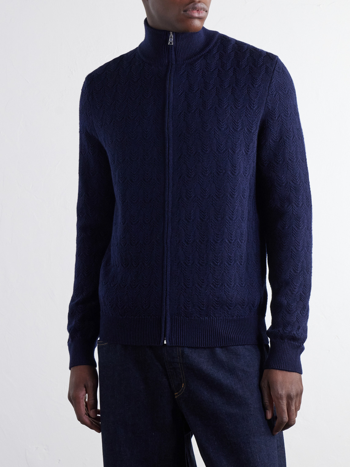 Mr P. - Pointelle-Knit Merino Wool Zip-Up Cardigan