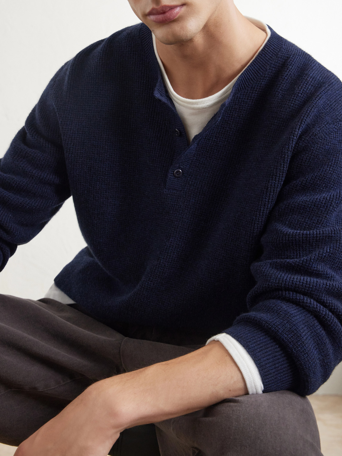 Waffle-Knit Cashmere Henley Sweater