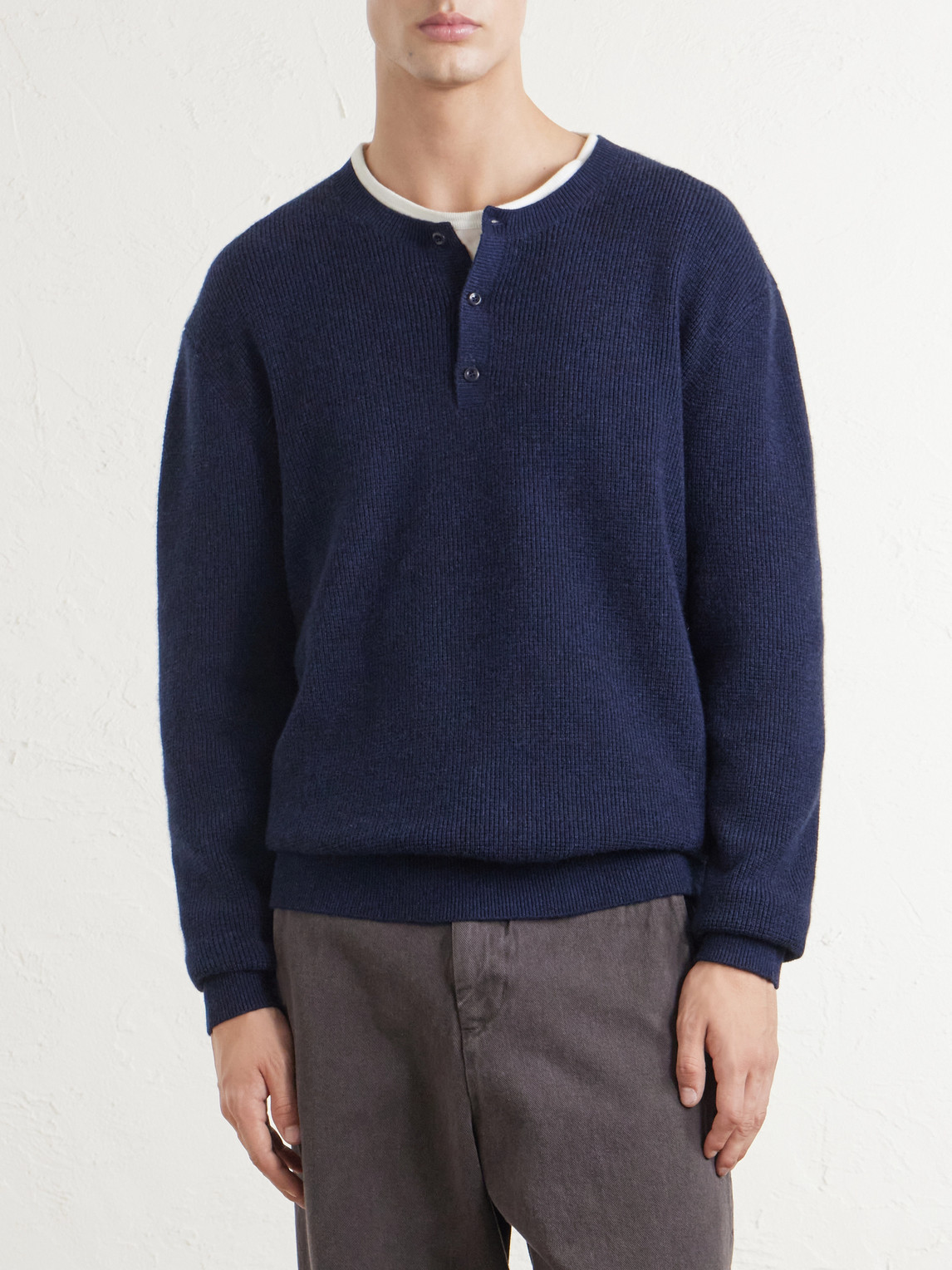 Waffle-Knit Cashmere Henley Sweater