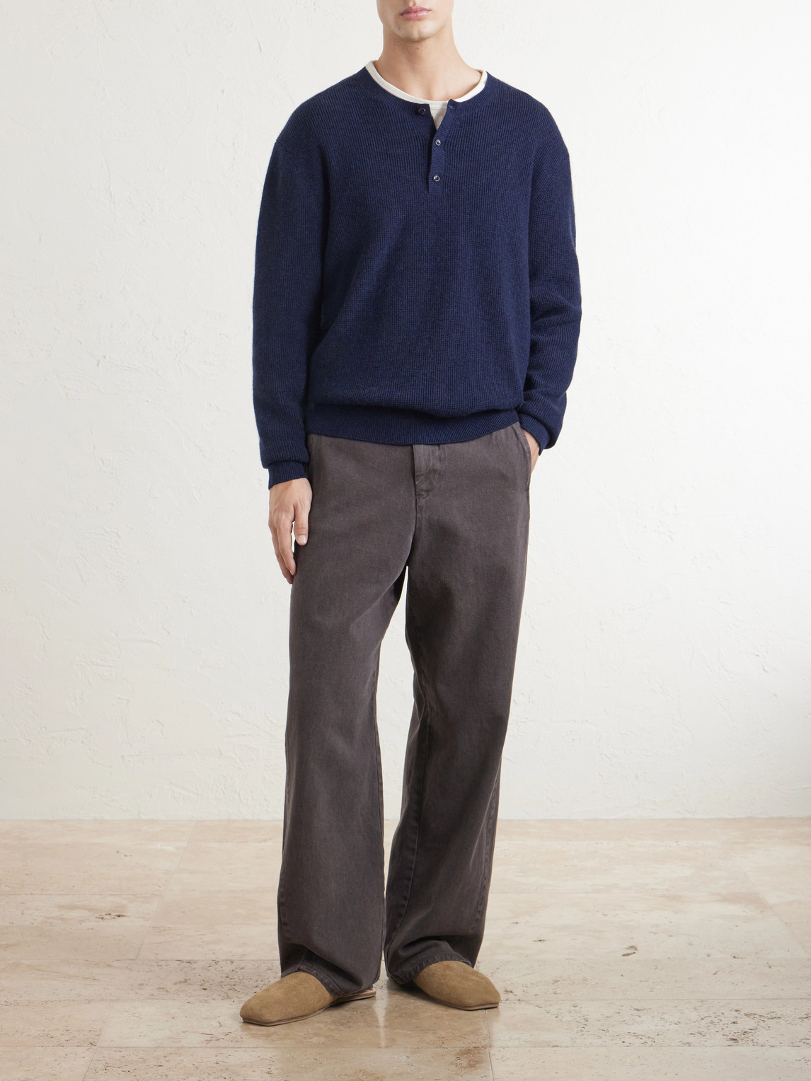 Waffle-Knit Cashmere Henley Sweater
