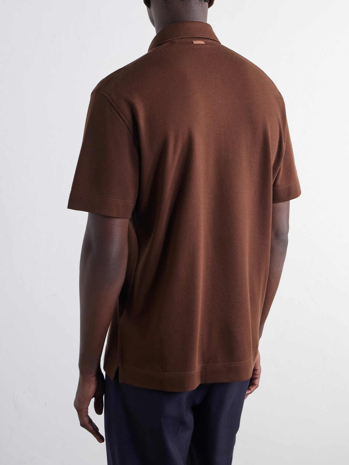 Leather-Trimmed Cotton-Piqué Polo Shirt