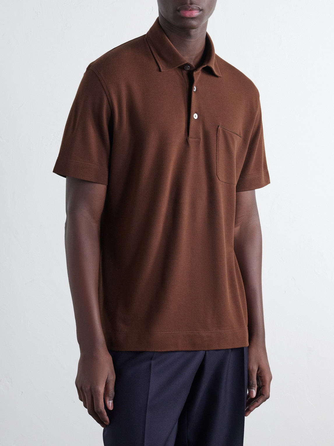 Leather-Trimmed Cotton-Piqué Polo Shirt