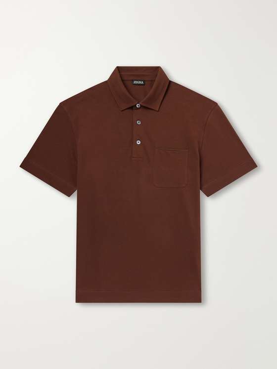 Ermenegildozegna Leather-Trimmed Cotton-Piqué Polo Shirt