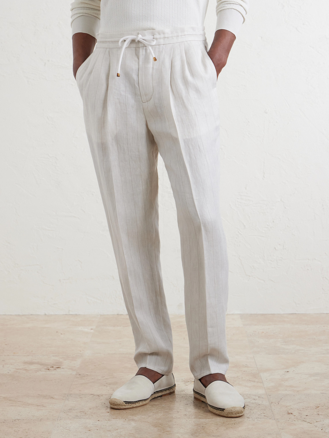  Brunello Cucinelli - Straight-leg Pinstriped Pleated Linen Trousers - Men - White - It 48 