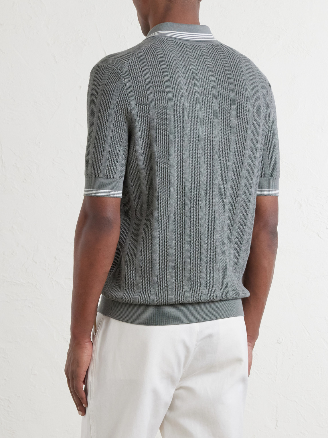  Brunello Cucinelli - Striped Pointelle-knit Cotton Polo Shirt - Men - Green - It 46 