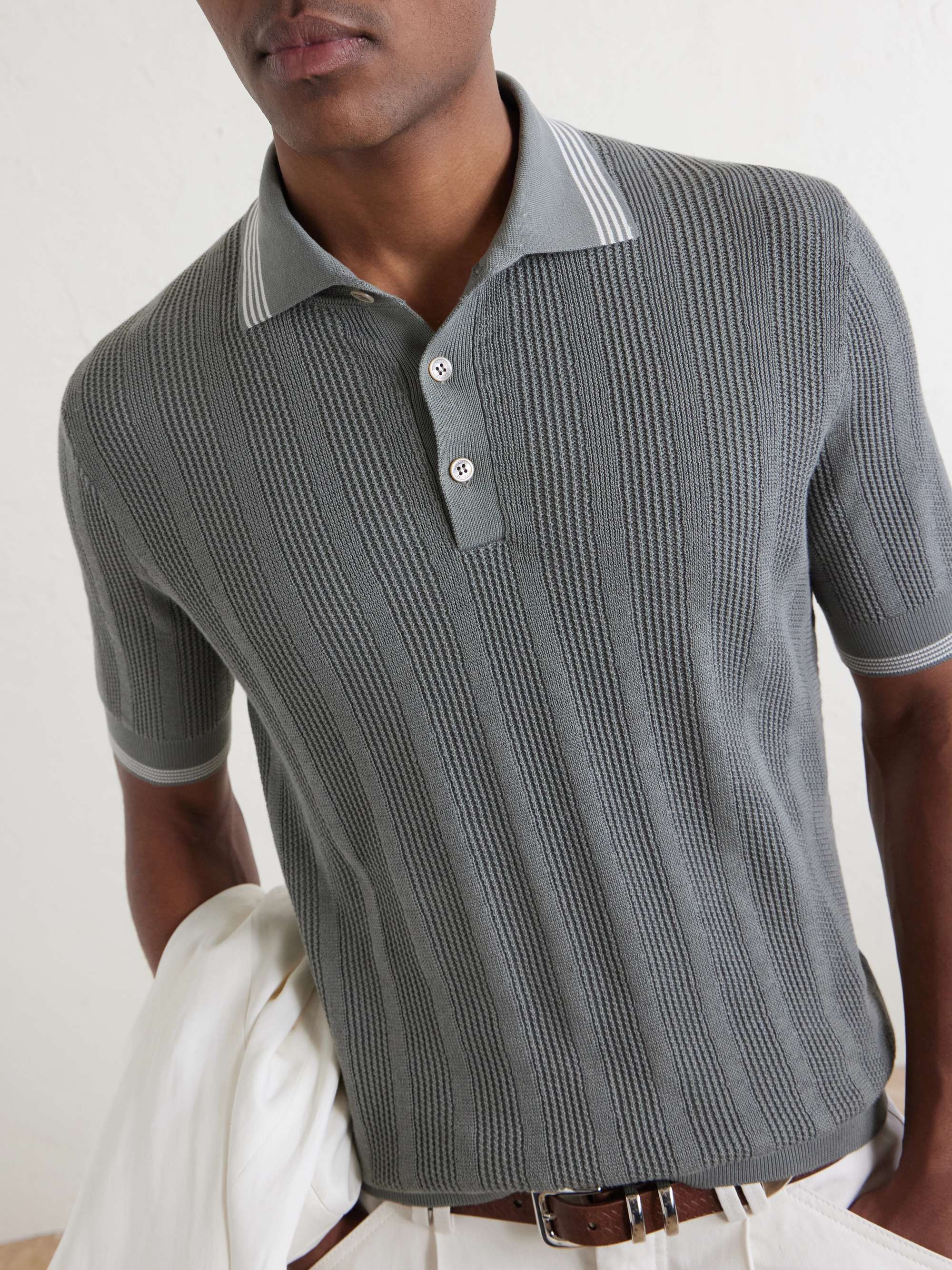 BRUNELLO CUCINELLI Striped Pointelle-Knit Cotton Polo Shirt for