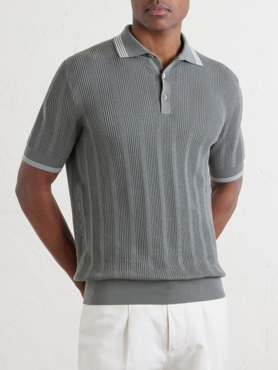  Brunello Cucinelli - Striped Pointelle-knit Cotton Polo Shirt - Men - Green - It 46 