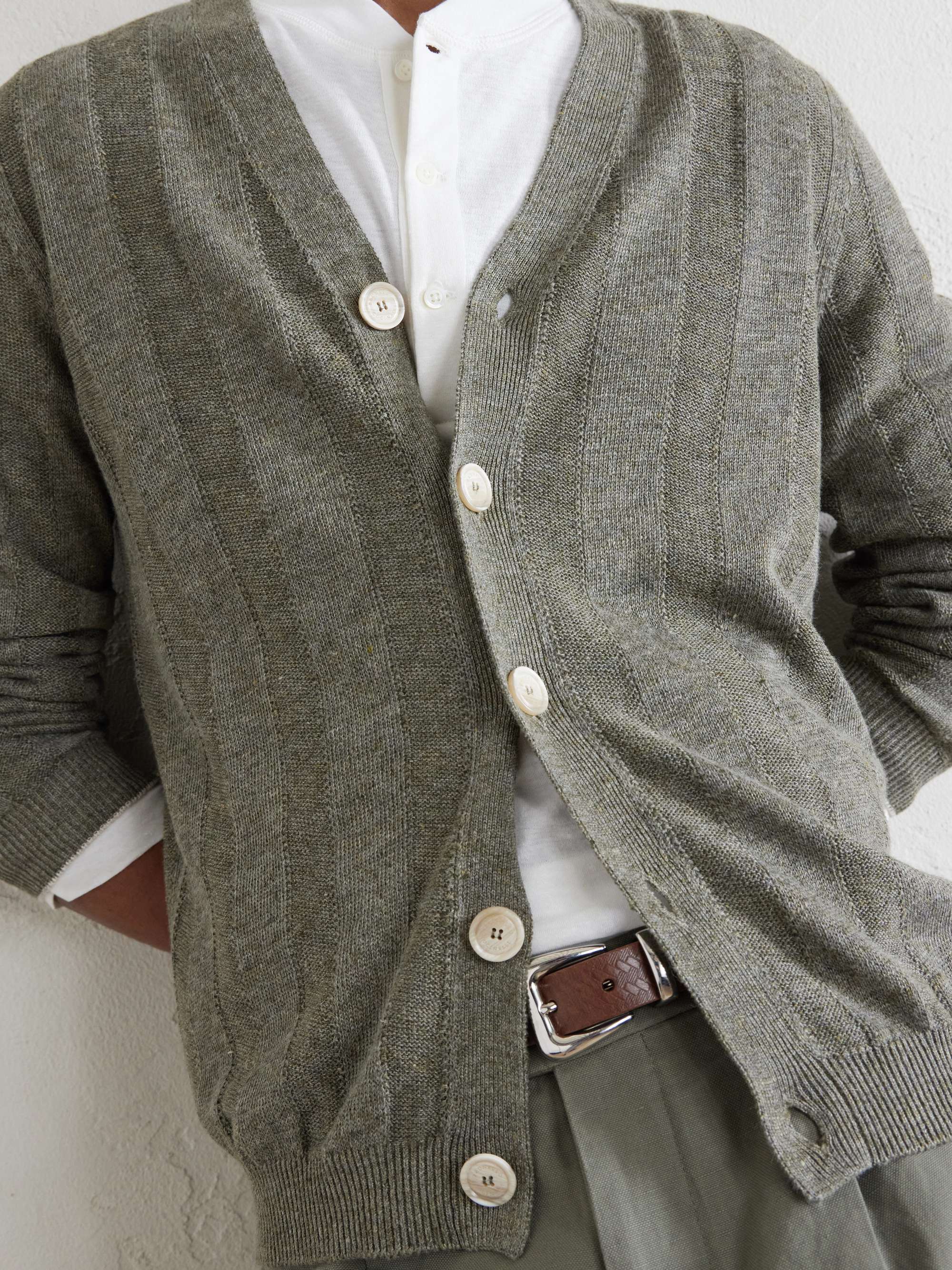 BRUNELLO CUCINELLI Striped Knitted Linen and Cotton-Blend Cardigan