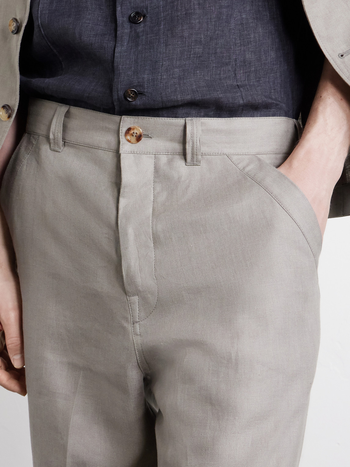 Straight-Leg Herringbone Linen Trousers