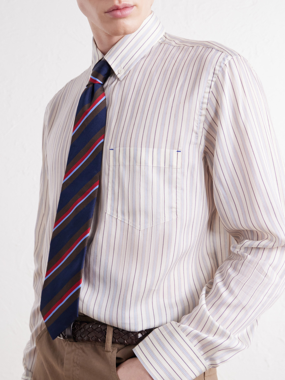 Button-Down Collar Striped Lyocell And Silk-Blend Twill Shirt