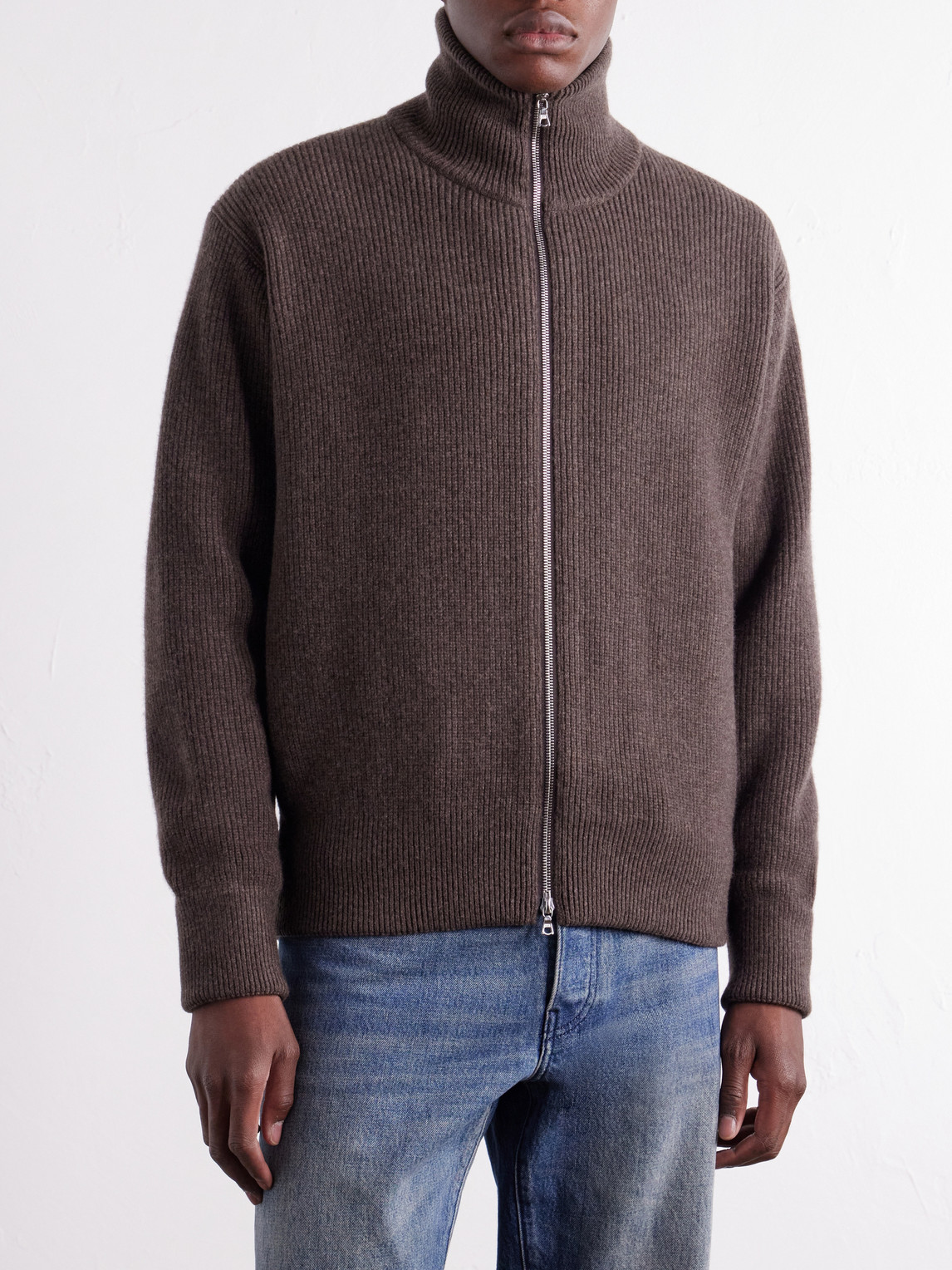 Ribbed Wool Zip-Up Cardigan