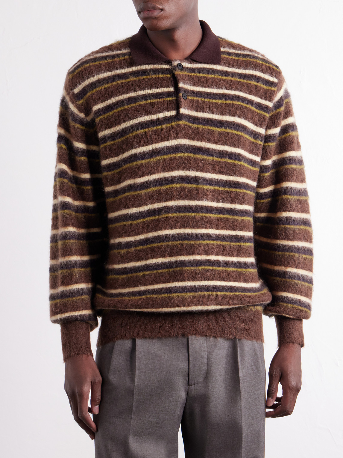 Striped Brushed-Knit Polo Shirt