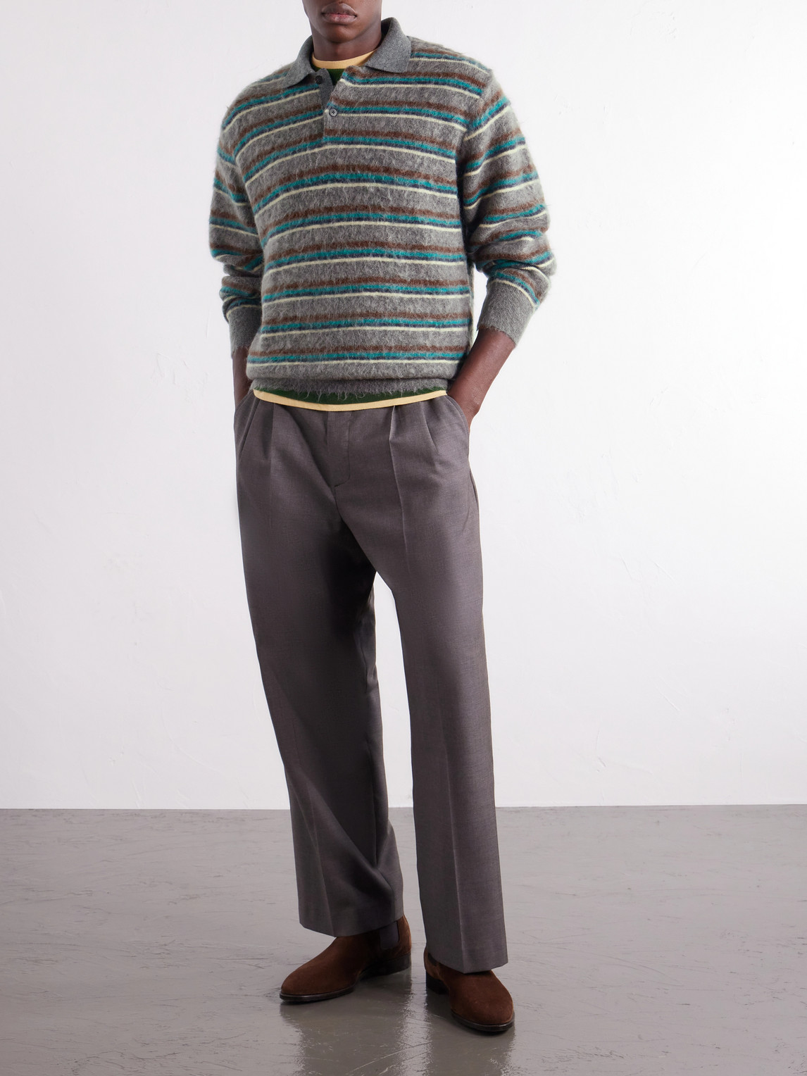 Striped Brushed-Knit Polo Shirt