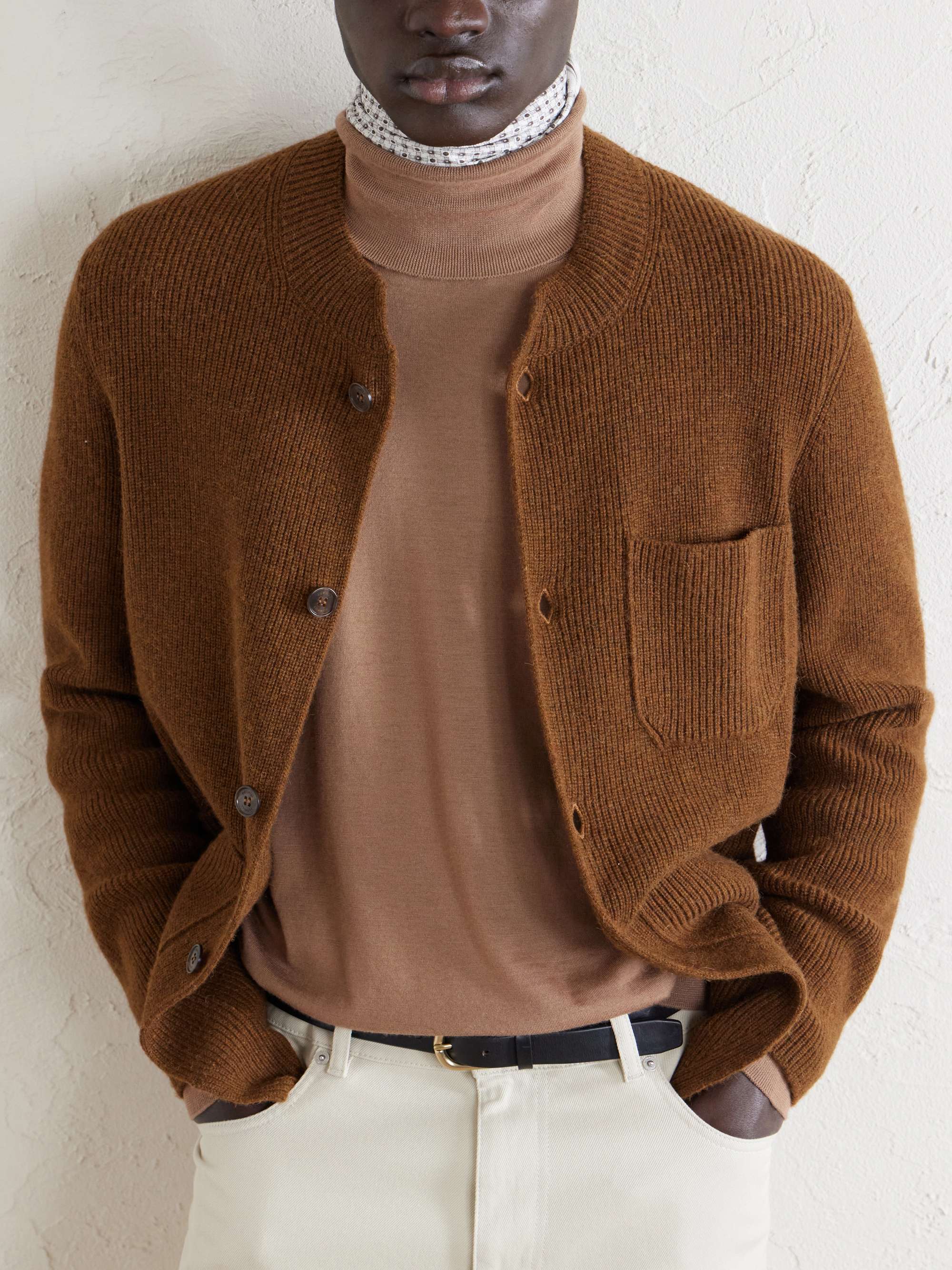 DUNHILL Ribbed Camel Wool, Wool and Cashmere-Blend Cardigan for
