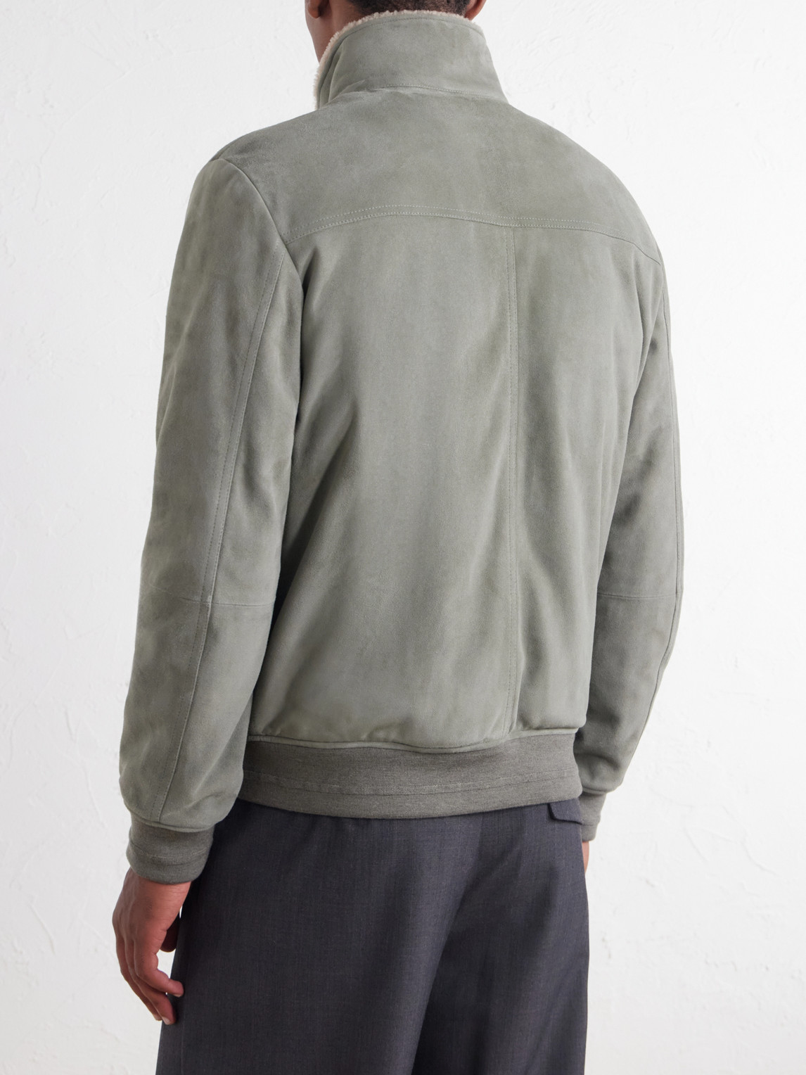 Padded Shearling-Trimmed Suede Bomber Jacket
