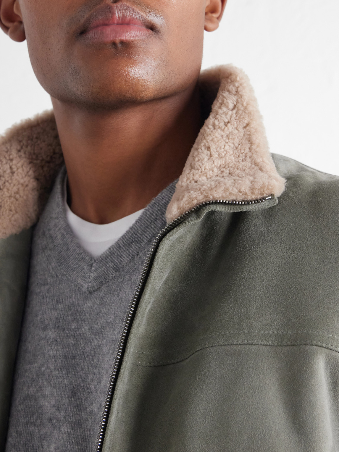 Padded Shearling-Trimmed Suede Bomber Jacket