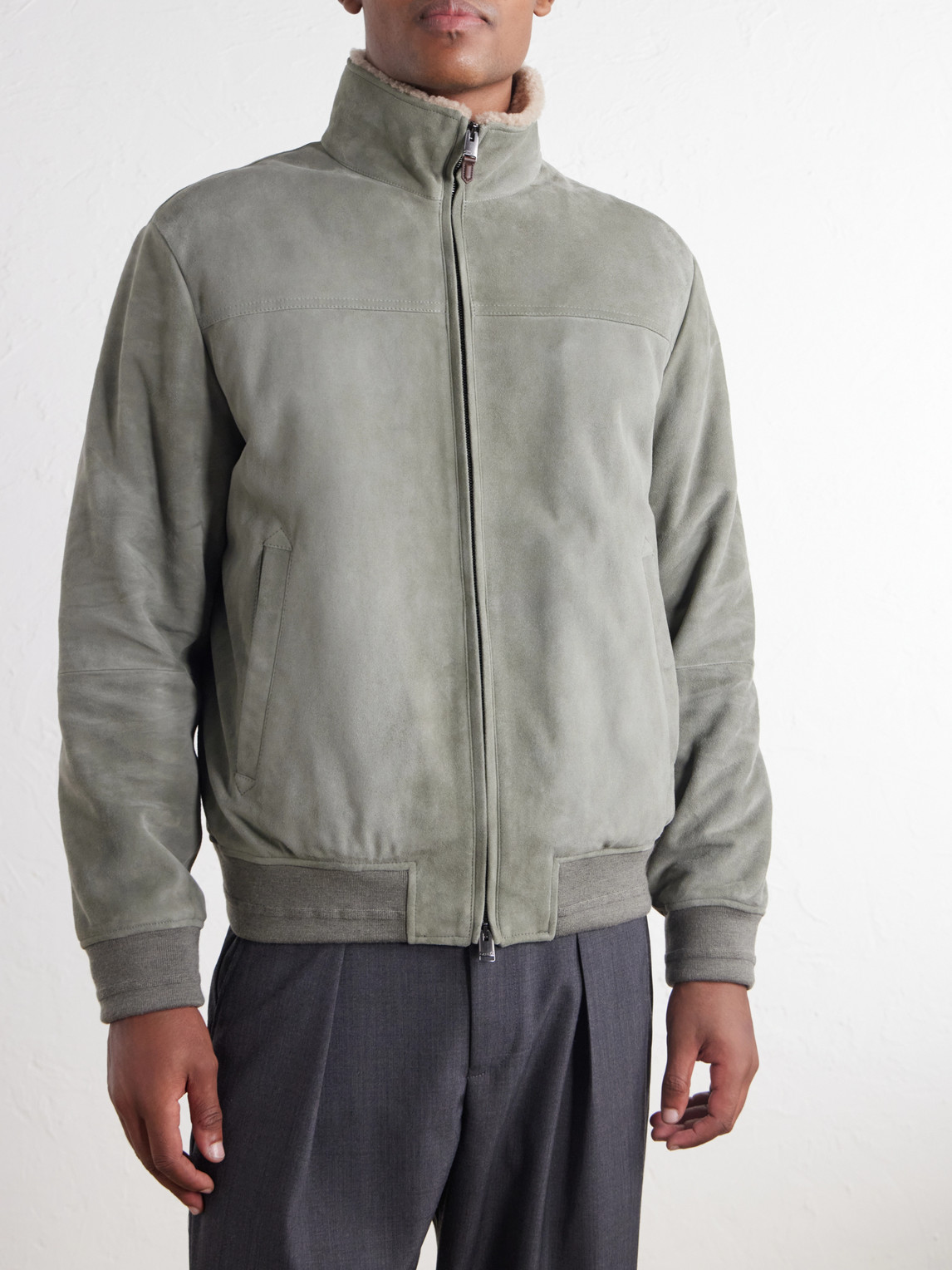Padded Shearling-Trimmed Suede Bomber Jacket