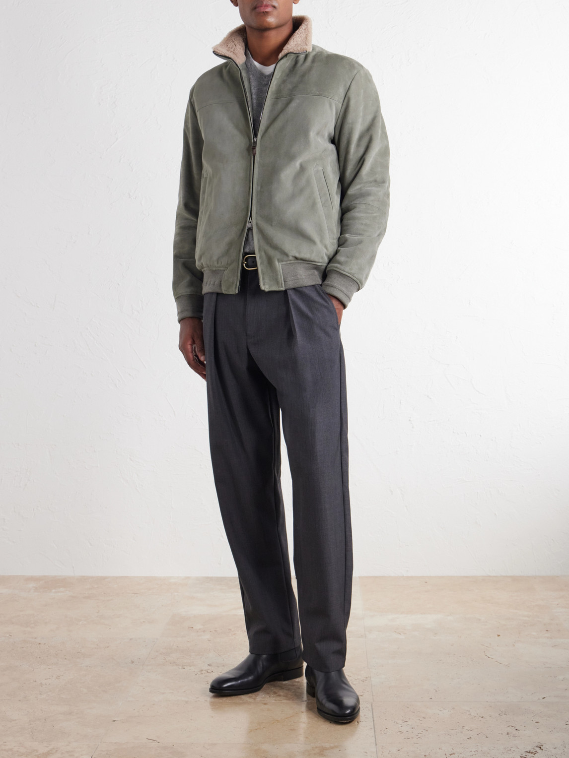 Padded Shearling-Trimmed Suede Bomber Jacket
