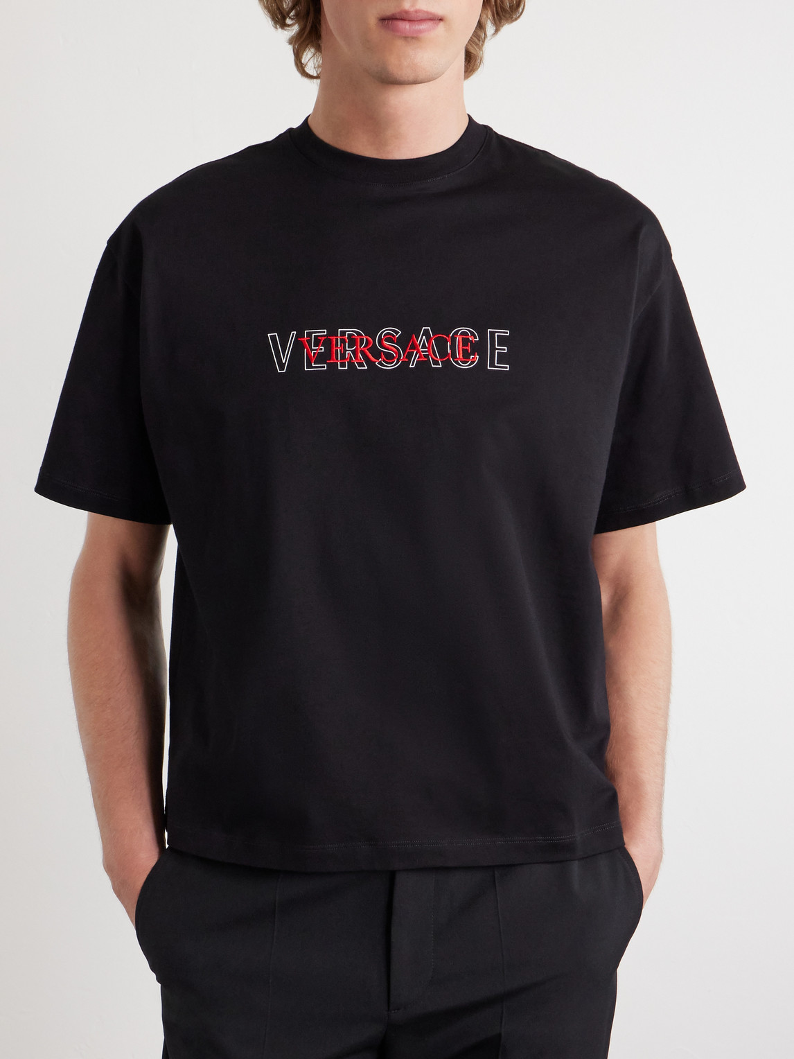 Versace T-shirt With Embroidered Logo In Black