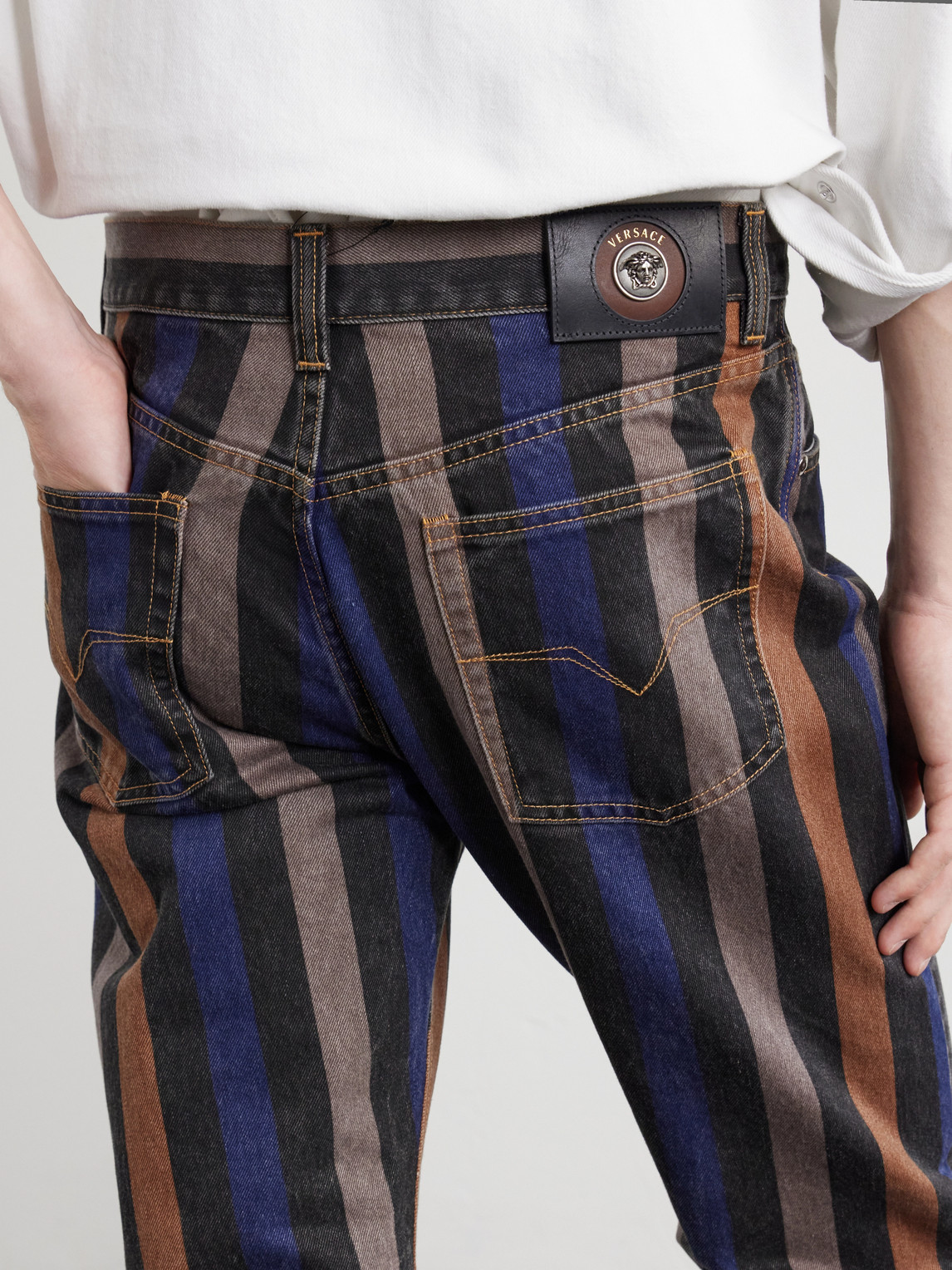Versace Denim Jeans Striped Pattern Belt Loops In Multi