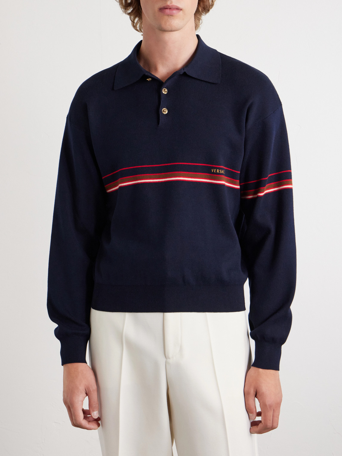  Versace - Logo-embroidered Striped Cotton Polo Sweater - Men - Blue - It 46 