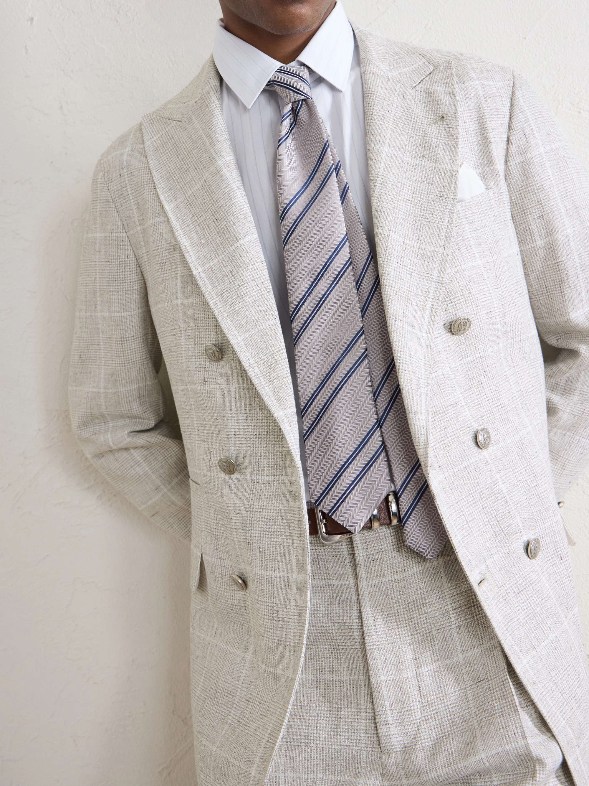 BRUNELLO CUCINELLI Double-Breasted Checked Linen-Blend Suit Jacket