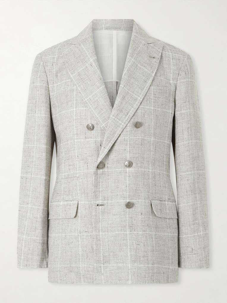 BRUNELLO CUCINELLI Double-Breasted Checked Linen-Blend Suit Jacket