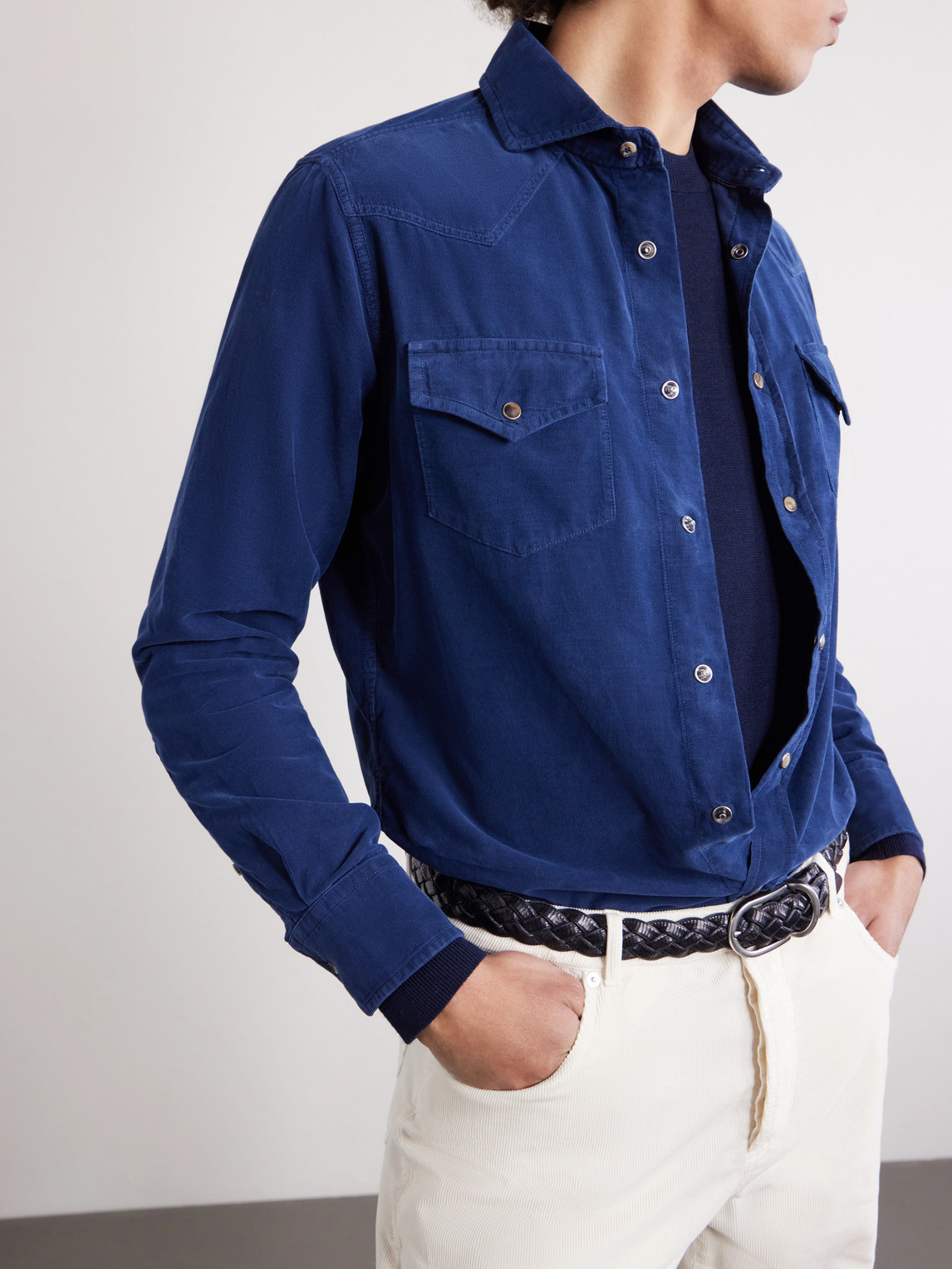Cutaway-Collar Cotton-Corduroy Western Shirt