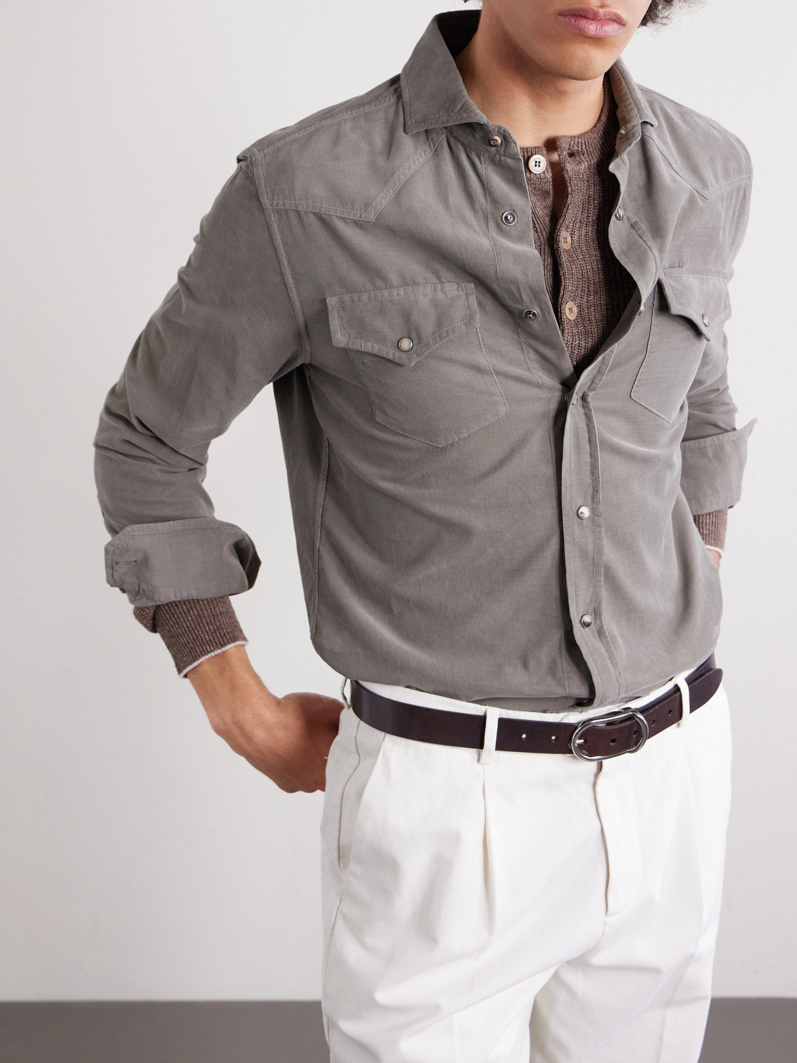 Cutaway-Collar Cotton-Corduroy Western Shirt