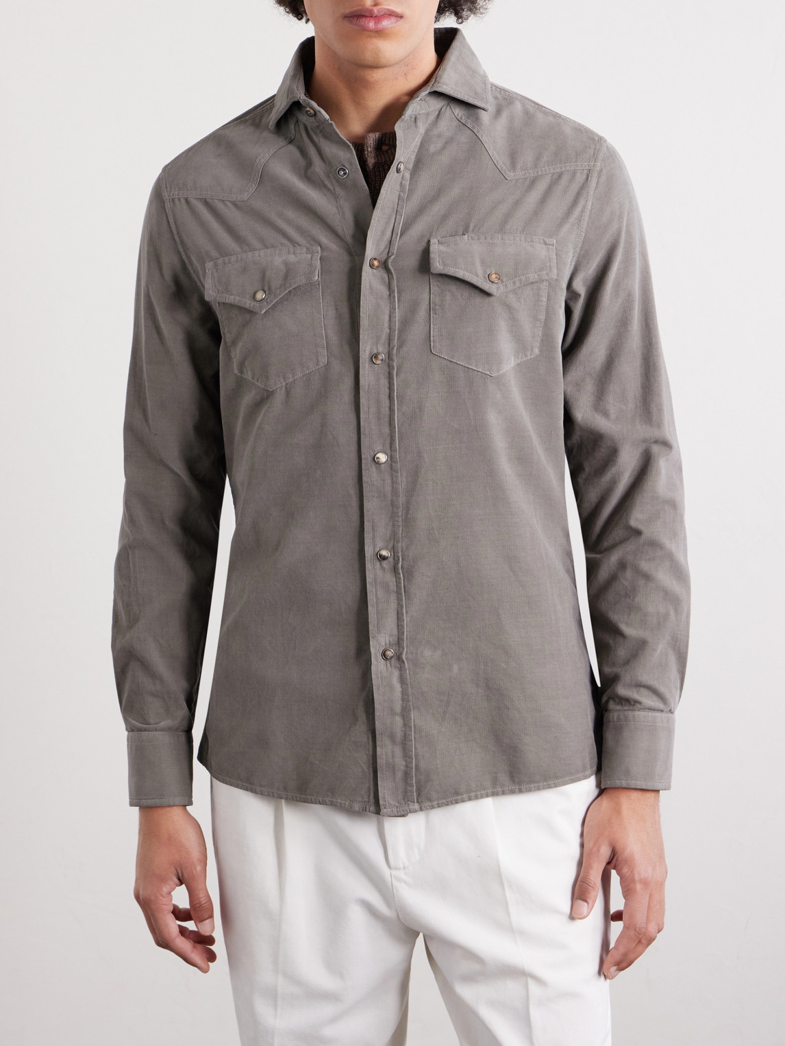 Cutaway-Collar Cotton-Corduroy Western Shirt