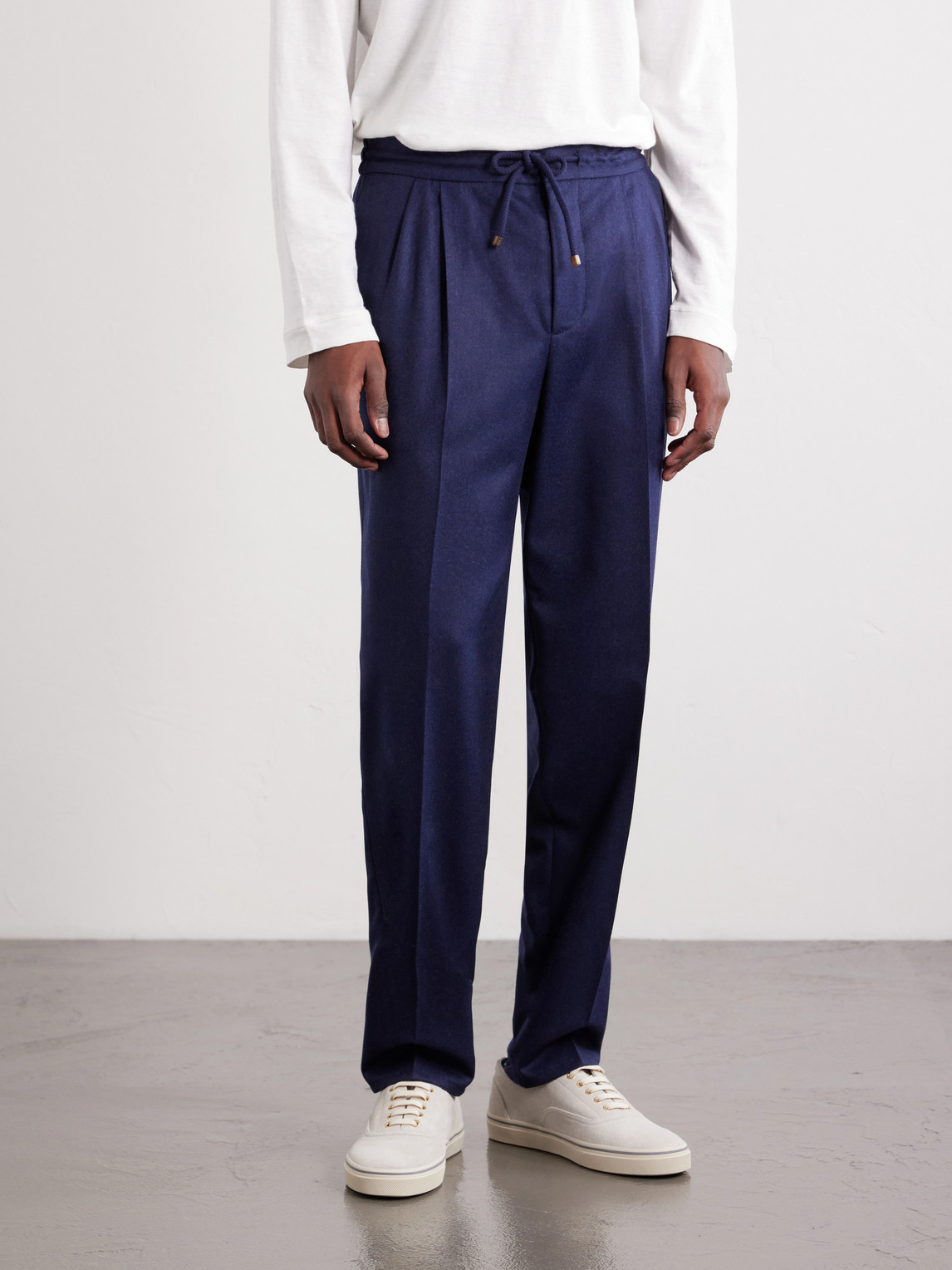 Tapered Pleated Virgin Wool-Flannel Drawstring Trousers
