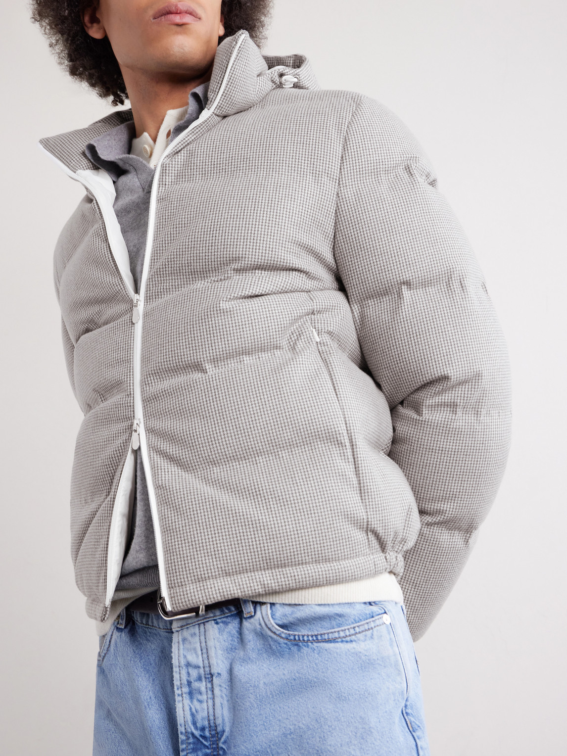 Quilted Herringbone Cashmere And Silk-Blend Hooded Down Jacket