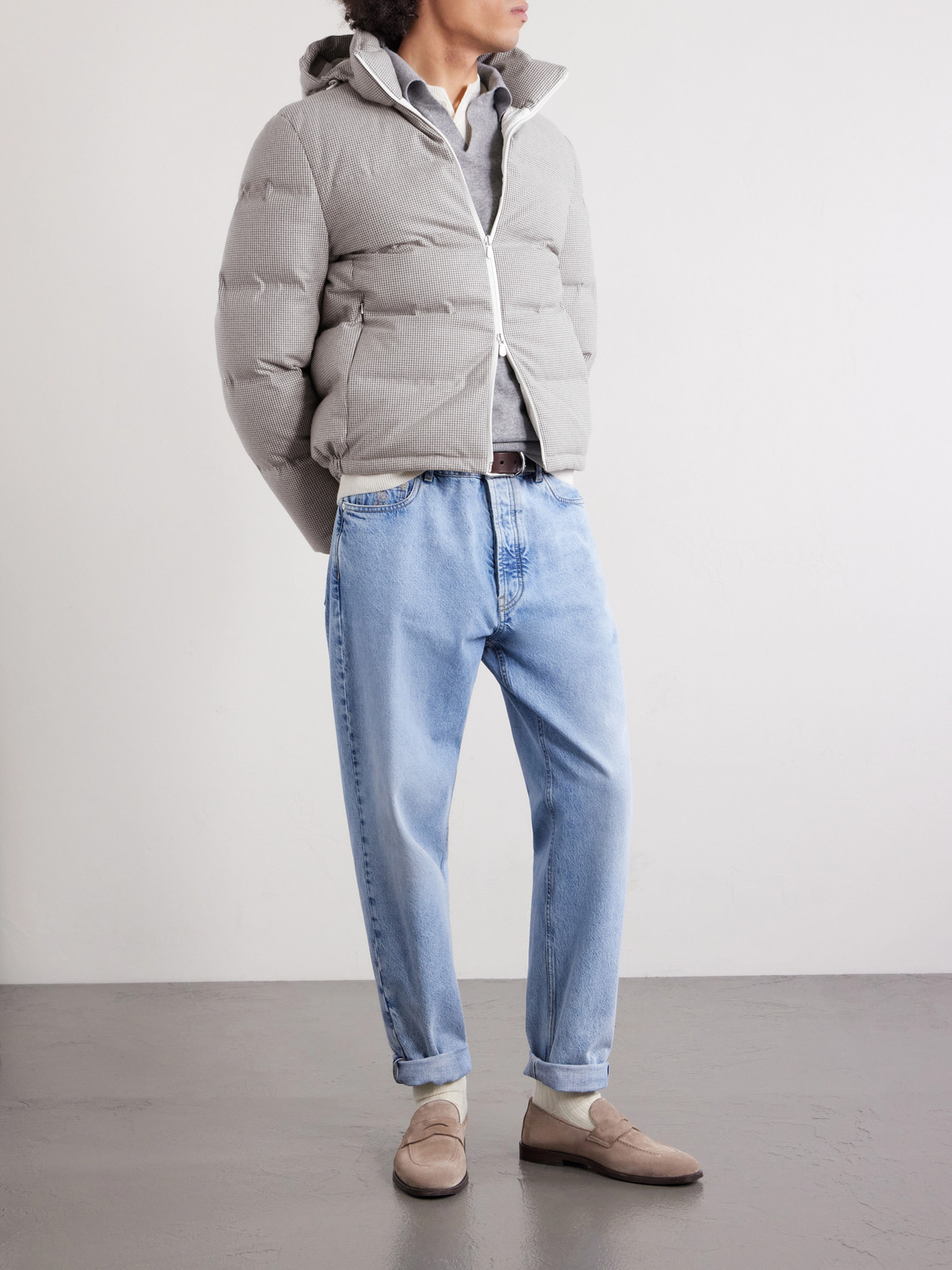 Quilted Herringbone Cashmere And Silk-Blend Hooded Down Jacket