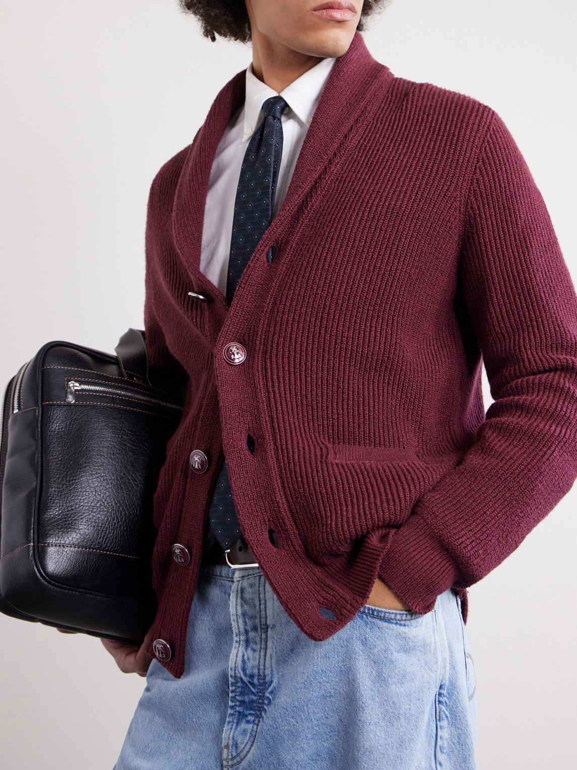 Shawl-Collar Ribbed Cotton Cardigan