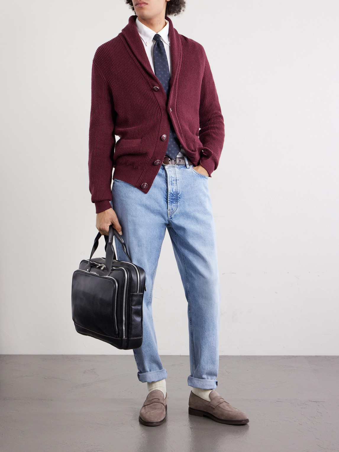 Shawl-Collar Ribbed Cotton Cardigan