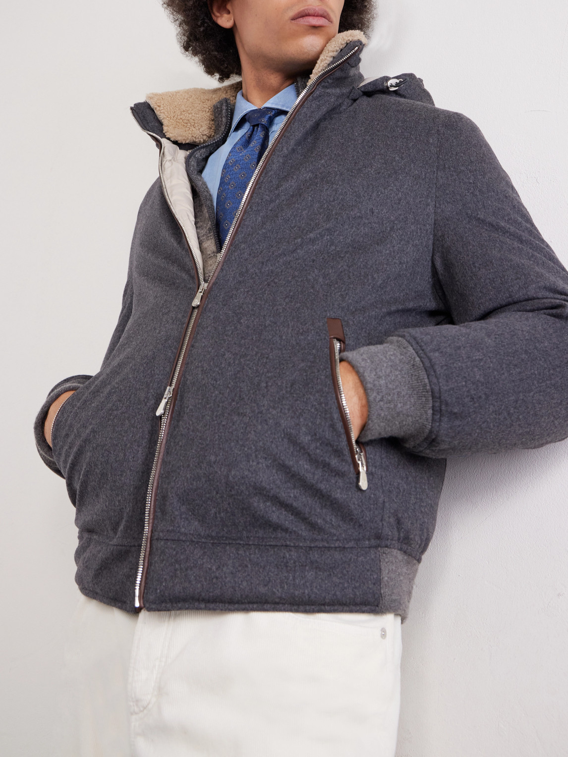 Shearling-Trimmed Wool Hooded Down Jacket