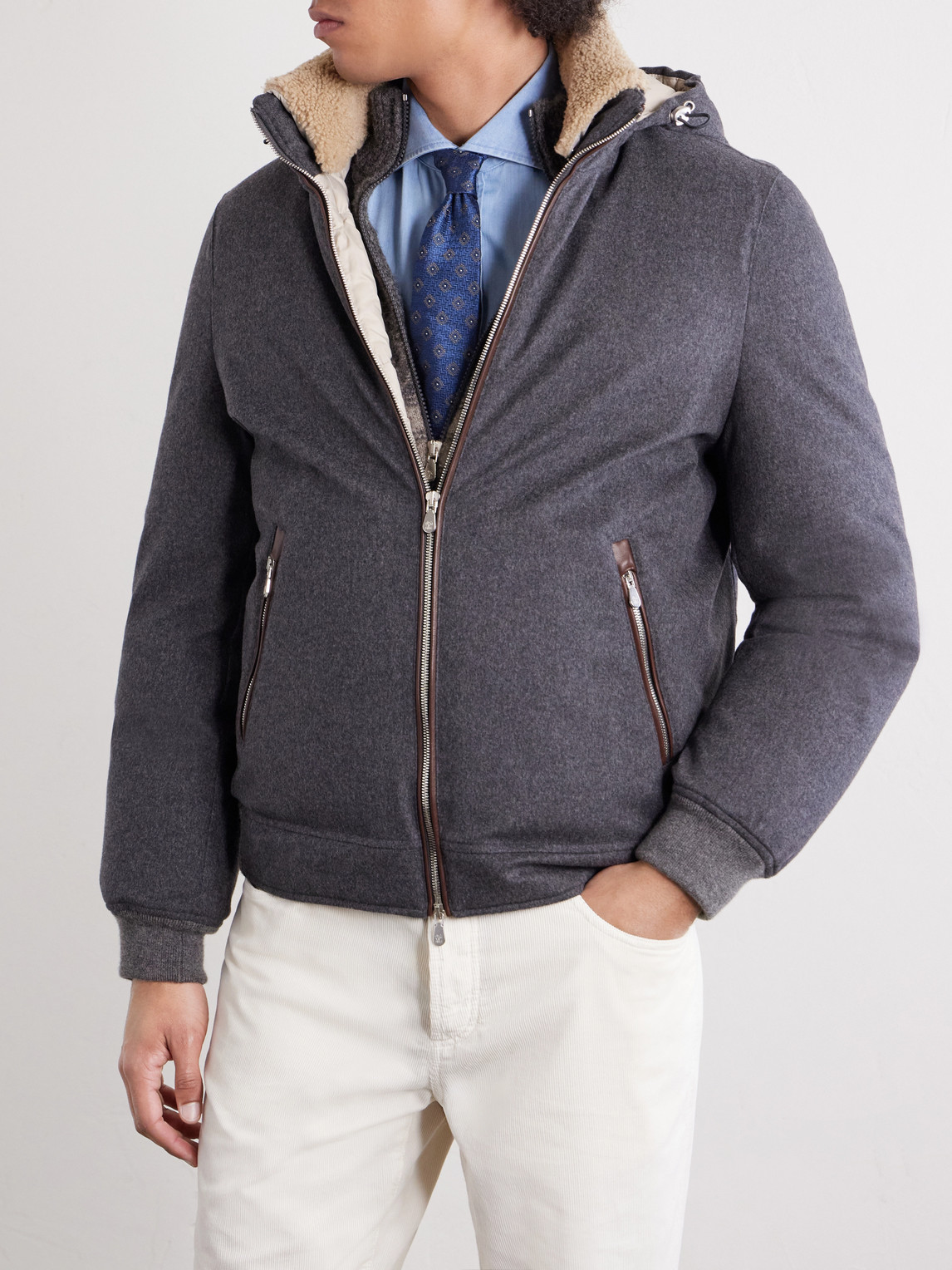 Shearling-Trimmed Wool Hooded Down Jacket