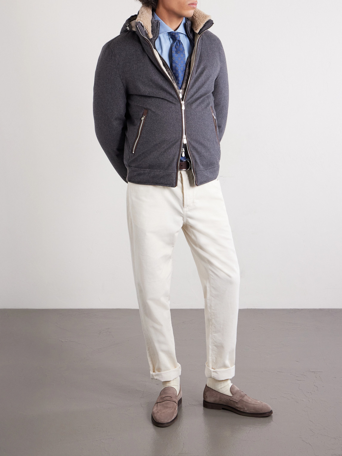 Shearling-Trimmed Wool Hooded Down Jacket